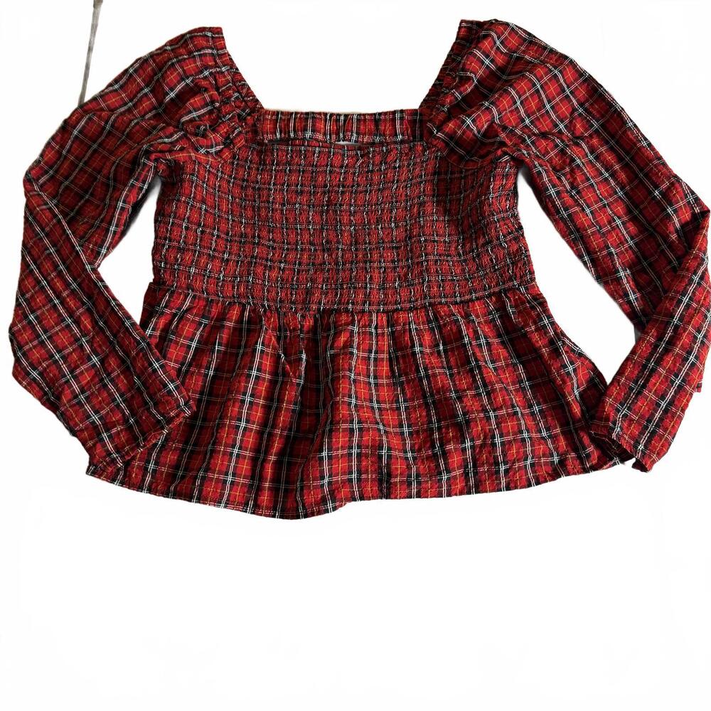 Holiday Red Plaid Peplum Off the Shoulder Blouse.‎ Size L. Christmas Romantic